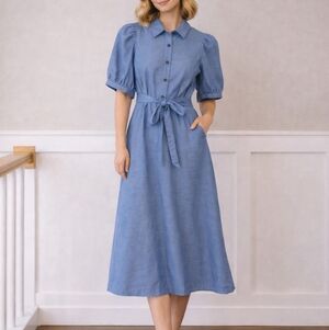 Ann Taylor Chambray Blue Midi Dress with Puff Sleeves